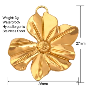 Detail view of 27mm gold flower charm in waterproof stainless steel with dimensions