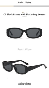 Close-up of black square sunglasses with diamond-textured temples and grey lenses