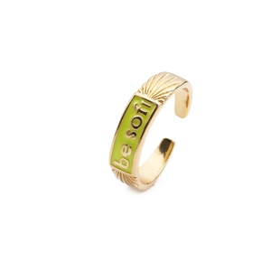 Minimalist gold plated ring with green enamel finish and be soft engraving