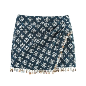 Boho Ethnic Printed Skort Asymmetric Wrap Shorts Skirt With Shell Tassels And Beads Sweet Floral Print For Women