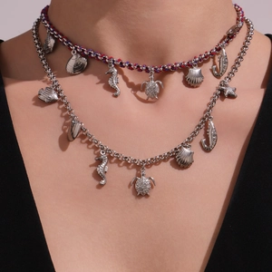 Collana in Acciaio Inossidabile Tema Oceano Zircone Cianite Luna Stella Conchiglia Tartaruga Marina Gioielli Donna