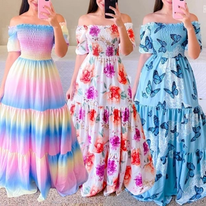 Vues détaillées de robes maxi à épaules dénudées avec imprimés fleurs, arc-en-ciel et papillons