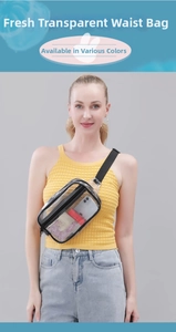 Transparent PVC waist bag with black trim showing internal storage capacity and adjustable strap