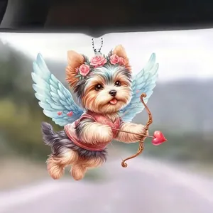 Yorkshire Terrier Cupid acrylic car pendant with wings and rose flower crown