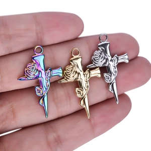 304 stainless steel cross with rose and sword pendants in rainbow, gold, and silver colors