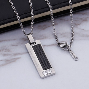 Silver stainless steel rectangular pendant necklace with zircon and Love Devotion text
