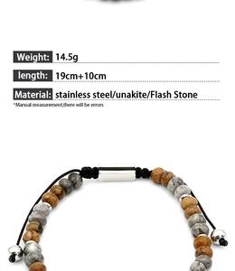 Detail showing natural stones and adjustable braided rope on this stainless steel bracelet