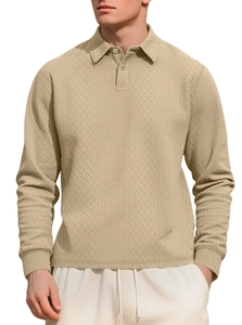 Detailed close-up of geometric textured jacquard knit on a men long sleeve polo shirt