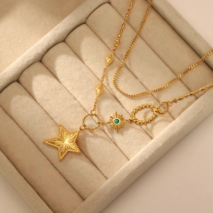 Double-layered 14K gold stainless steel star necklace with green gemstone sun pendant