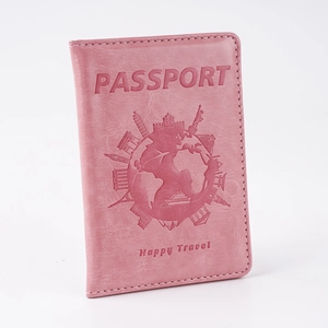 Pink PU leather passport cover with world map and global landmark embossed design