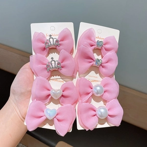 Pink Organza Bow Hair Clips With Rhinestone Crown And Faux Artificial Pearl Sweet Princess Headwear For Kids Girls