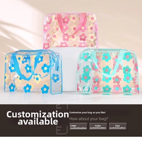 Detailed view of floral printed PVC cosmetic bags in pink and blue on display
