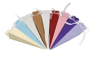 European style cone favor boxes with ribbons in multiple colors for wedding party