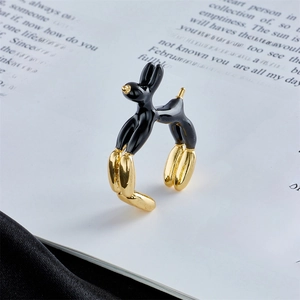 Artistic gold-plated balloon dog open ring with black and white enamel finish for women