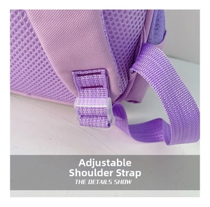 Detail of purple backpack straps featuring breathable honeycomb mesh and adjustable buckles