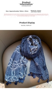 Navy cotton linen scarf with mandala patterns, tassels, and 180x90cm dimensions detail