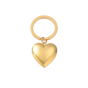 Polished gold 316L stainless steel heart locket keychain with openable photo frame design