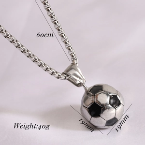 Close-up of 19mm silver soccer pendant with black enamel on a 60cm round box chain