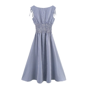 Blue and white plaid off-shoulder A-line dress with tie straps and ruched waist details