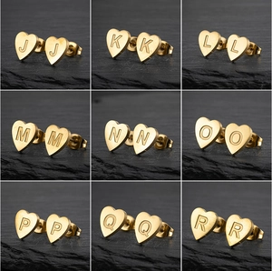 Detailed grid of golden heart-shaped initial earrings from J to R with brushed finish