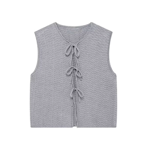 Light grey V-neck knit vest with bow tie closures on standard white background