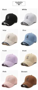 Detailed grid showing 8 colors of R-letter baseball caps with distressed brim details