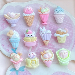 Flat lay macro of 12 miniature resin ice cream charms in pastel macaron colors