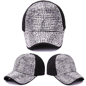 Three-way view of a black fashion baseball cap with sparkling silver rhinestones