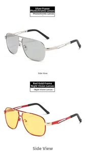 Detail view of photochromic silver frame sunglasses and yellow night vision aviator lenses