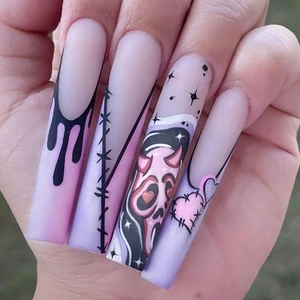 Halloween Plastic Press On Nails Long Coffin Fake Nails Gothic Pink Purple Gradient Stitch Demon Heart Graffiti SGCY-360 Women