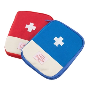 Portable mini first-aid kit pouch in red and blue colors for outdoor travel and medical storage