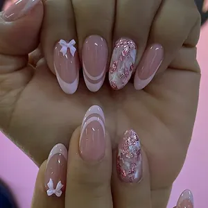 Press On Nails French Pink White Tip 3D Bow Glue On Artificial Nails Almond Shaped For Women Sweet Elegant