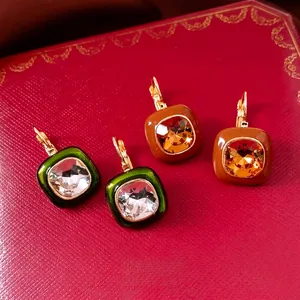 Vintage 18k gold plated square crystal earrings with green and amber enamel finish