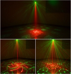 Macro view of red and green laser patterns and light beams from the projector lamp