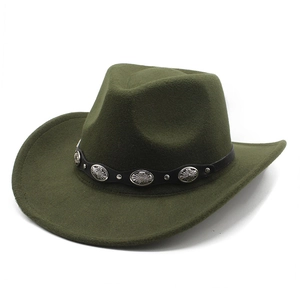 Detail of army green wool fedora hat with black leather strap and silver metal buckles