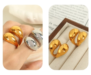 Detail showing 18K gold and silver plated spherical C-shape rings on model and tray