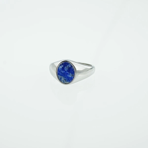 Retro stainless steel signet ring with oval blue lapis lazuli stone in polished silver
