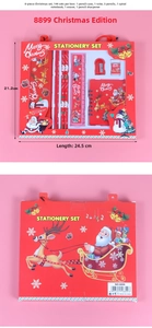 Front and back view of an 8-piece Christmas stationery set in a red festive gift box