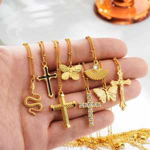 Cross Butterfly Snake Pendant Necklace 18K Gold Plated Stainless Steel Cubic Zirconia Trendy Minimalist Jewelry Women Men