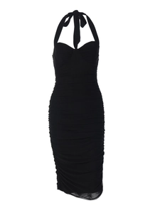 Sleek black bodycon halter dress with mesh ruched texture and slim fit silhouette