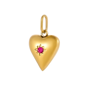 Detailed macro view of gold heart pendant featuring a centered pink zircon stone