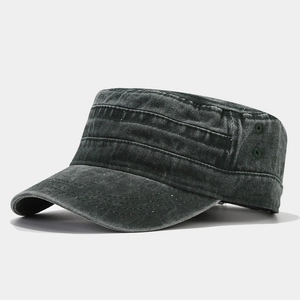Detail of vintage washed grey flat top military cap with distressed cotton texture