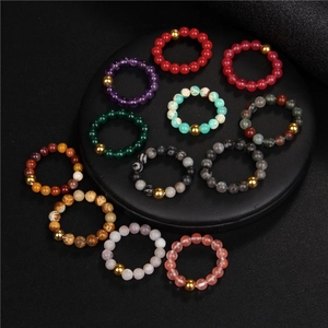 Bohemian Natural Stone Beaded Rings For Women 18K Gold Plated Bead Elastic Ring Colorful Gemstone Agate Amethyst Handmade Jewelry