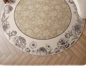 Detailed macro view of vintage round floral rug with waterproof beige textured fabric