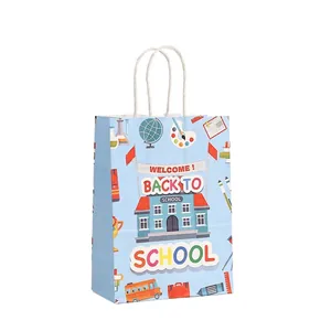 Sacs cadeaux en papier bleu Back to School avec motifs scolaires, lot de 12 pièces