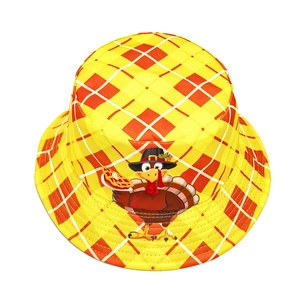 Reversible yellow plaid bucket hat with festive turkey print for Thanksgiving style