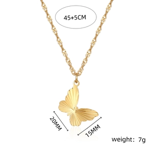 Detailed view of golden butterfly pendant with dimensions 20x15mm and 45cm chain length