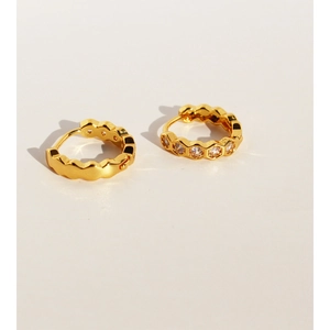 Gold honeycomb hoop earrings with zircon stones in a wave pattern for minimalist style