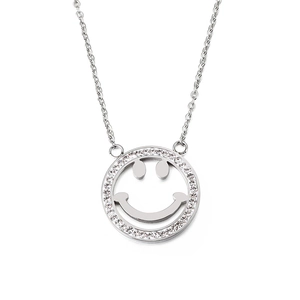 Silver smile face pendant necklace with sparkling rhinestones on a delicate chain