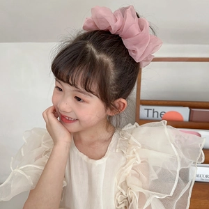 Soft pink chiffon scrunchie detail showing fluffy texture on a young girl's ponytail